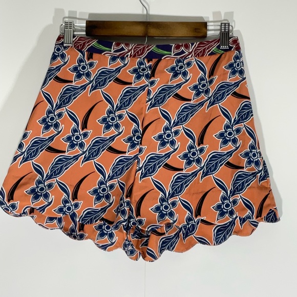 Topshop Floaty Short Orange w/Blue Floral Design Side Zipper Scalloped Hem Sz 4 - Picture 3 of 14